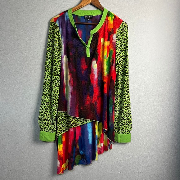 Dor Dor Couture Women's Colorful Abstract Leopard Print Whimsical Tunic Top Sz L - Picture 1 of 13
